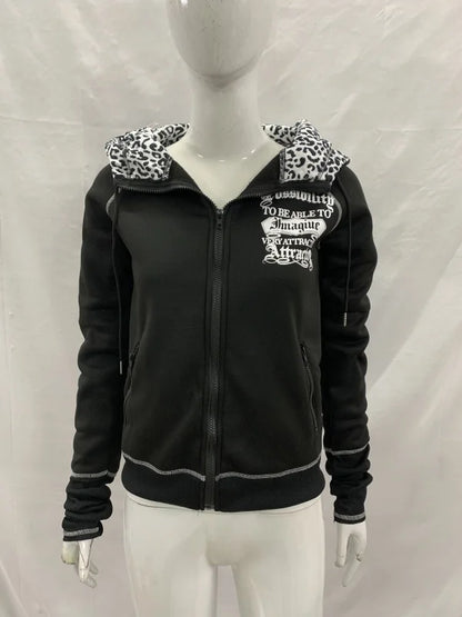 Women's Hooded Cardigan Sweatshirt Y2K Street Fashion Harajuku Hot Girl American Retro Hip Hop Rock Jacket 2000s Aesthetic