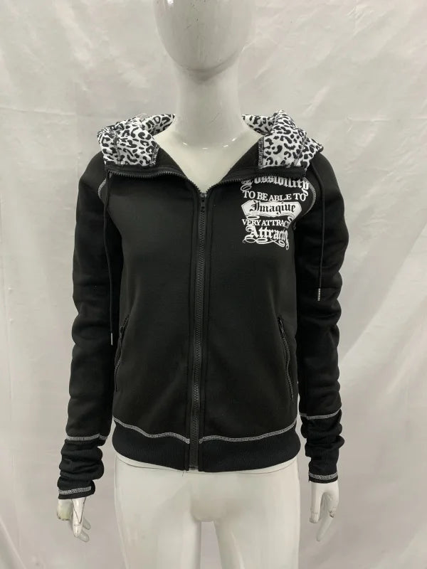 Women's Hooded Cardigan Sweatshirt Y2K Street Fashion Harajuku Hot Girl American Retro Hip Hop Rock Jacket 2000s Aesthetic
