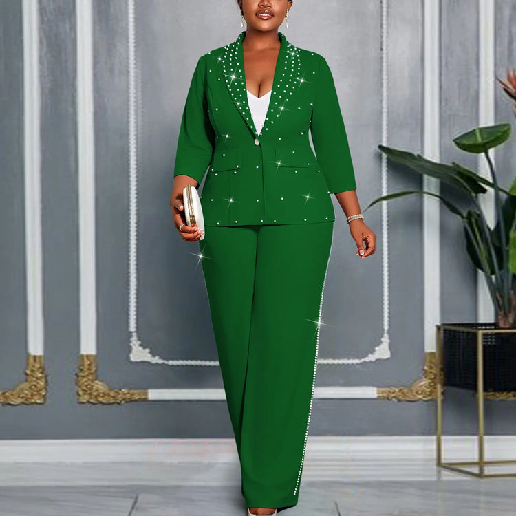 Plus Size Women's Green Beaded Blazer Suit Three-quarter Sleeve Top + Wide-leg Pants Elegant Two-piece Set Casual Y2K Two Piece