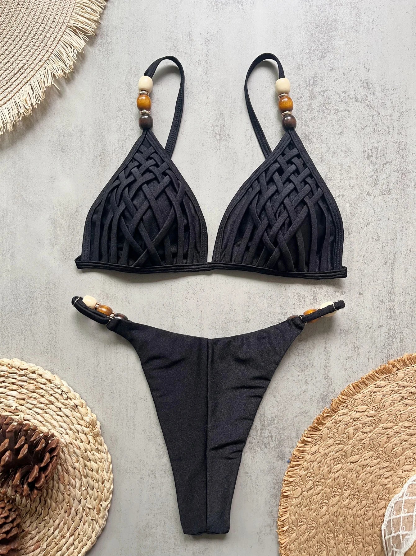 Sexy Brown Bikini Set 2026 Women Pearls Strap Hole Out Push Up Bra Thong Swimsuit Brazilian Beach Bathing Suit Micro Swimwear