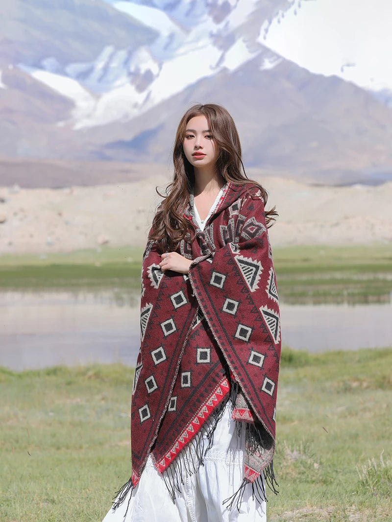 GypsyLady Bohemian Vintage Chic Cloaks Capes Hooded Blue Women Autumn Warm Knitted Ethnic Capes Tassels Cloak Poncho Outwear New