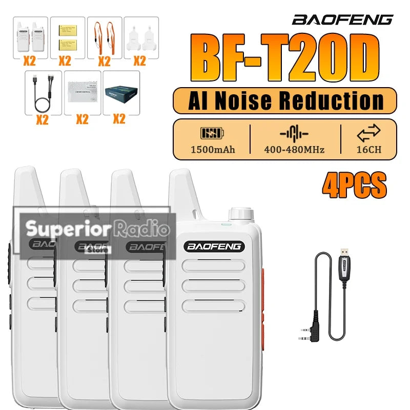 2/4PCS Baofeng BF-T20D Portable Walkie Talkie Type-C Charging 400-480Mhz AI Noise Reduction 16 Channels Mini Two Way Ham Radio