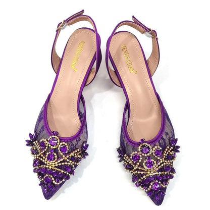 Venus Chan Nigerian Elegant Lace Net Style Green Crystal Low Heel Shoes And Three-Dimensional Mini Bag Commuter Women's Shoes