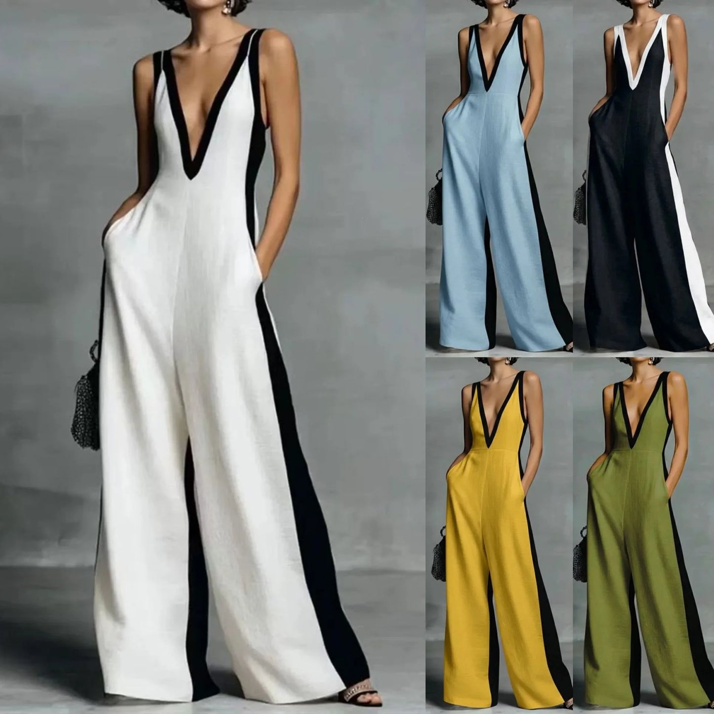 Women's Color Block V Neck Jumpsuit, Sleeveless Wide Leg Romper With Pockets for Party Work Date