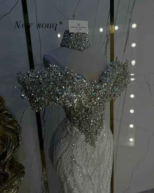 Shimmering Silver Crystals Off Shoulder Mermaid Evening Dresses Customized Long Formal Party Gowns for Women Dubai Vestidos