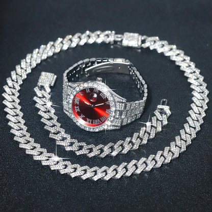 3pcs Men's Silver Watch Set Hip-hop Punk Inlay Diamond Watch+Cuban Chain+Bracelet Comes With Strap Adjuster Stylish Jewelry Gift