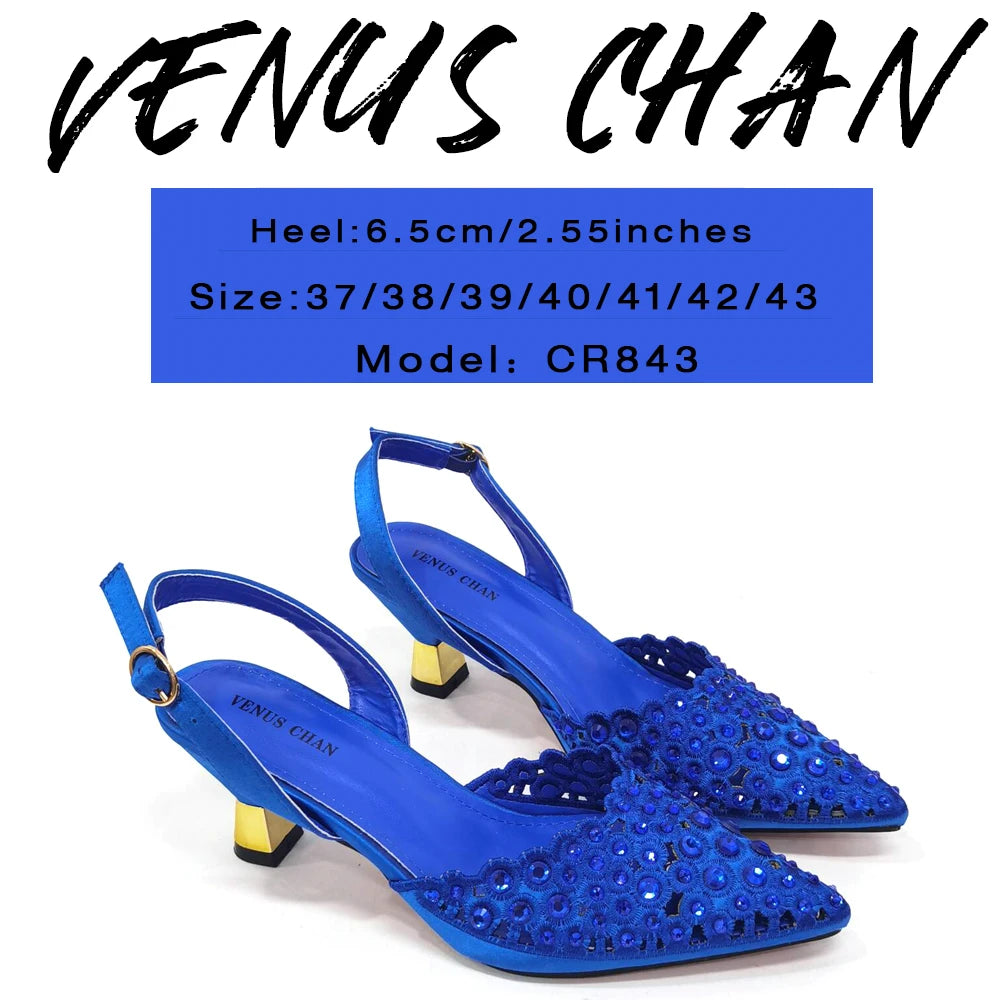 Venus Chan New Arrival Italian Design Nigerian Fashion Party Wedding Shoes and Bag Set Decorated With Flower in Blue Color