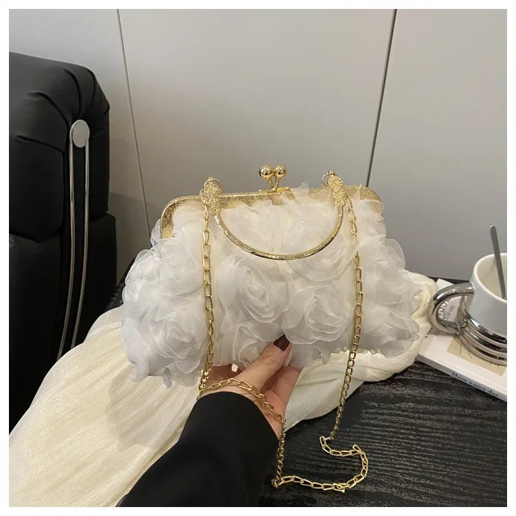 Luxury Women Chain Shoulder Bag Chiffon 3D Flower Banquet Bag Fashion Evening Bags Fashion Clutch Handbag Trendy Crossbody Bag
