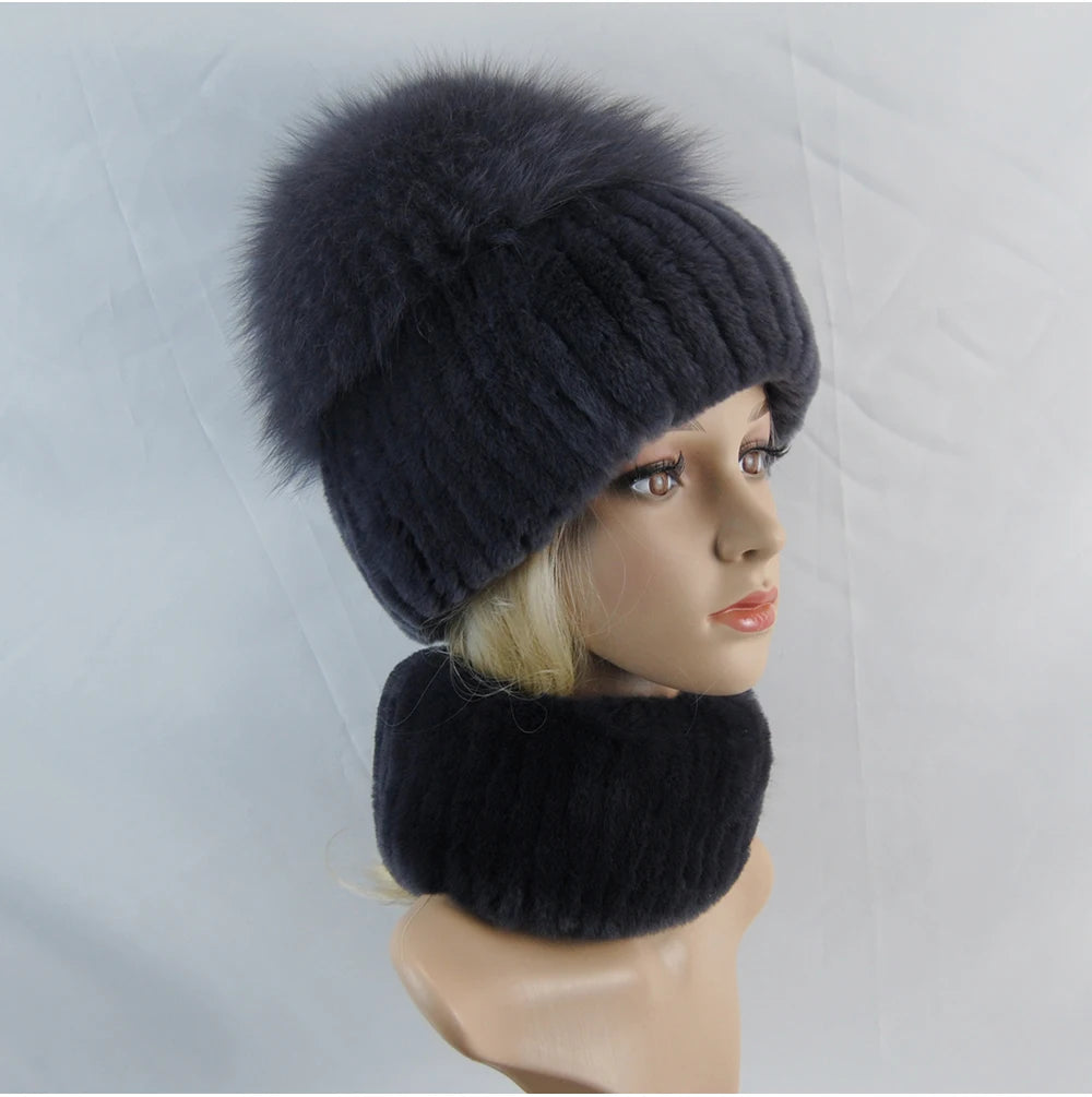 New Winter Lady Brand Hand Make Real Genuine Fox Fur Hat Scarf Girls Natural Real Rex Rabbit Fur Ring Cap Real Fur Scarves Hats