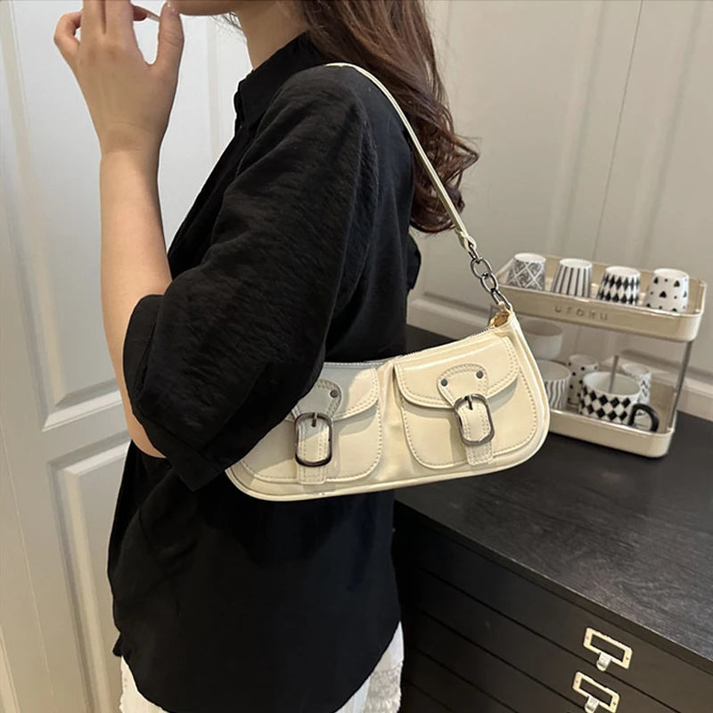 Fashion Pu Leather Women's Shoulder Bag Small Double Pocket Design Ladies Underarm Bags Y2k Vintage Female Handbags Clutch Purse