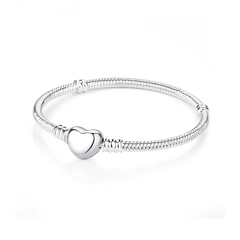 Original 925 Sterling Silver Bracelets Bangles Love Heart Clip Charms Beads Snake Chains For Women Rose Gold DIY Luxury Jewelry