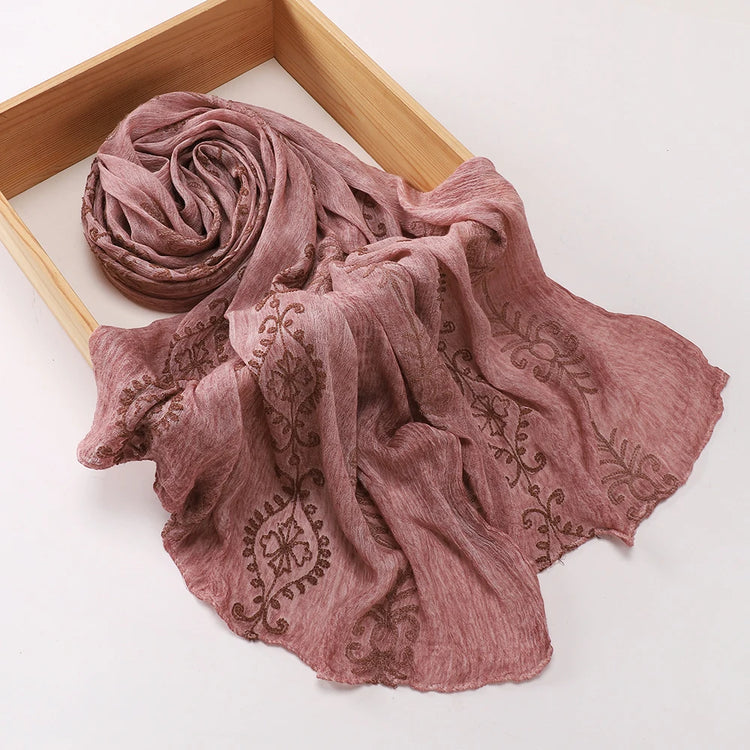 Vintage Crinkle Embroidery Hijab Textured Fabric Muslim Shawl Headscarf Soft Breathable Islamic Women Head Wrap Scarf