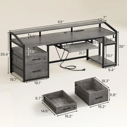 63" Computer Desk, Office Desk with Lockable Drawers for Legal/Letter File, Gaming Desk with LED Lights & Power Outlet, Home Office Desks with Storage, Grey