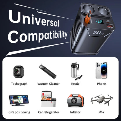 7 in 1 Cigarette Lighter Adapter Cup Holder 261W Car Charger Adapter with PD45W Charge 24V/12V Cigarette Lighter LED Voltmeter