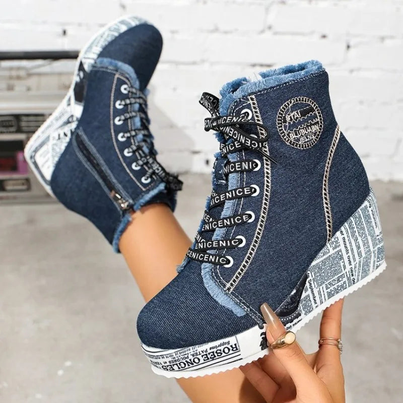 Women's Wedge Sneakers High Top Round Toe Denim-Look Lace-Up Side Zipper Letter Print Detail Casual Platform Ankle Boots 2026