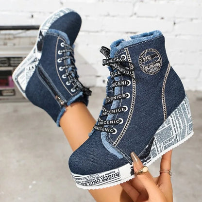 Women's Wedge Sneakers High Top Round Toe Denim-Look Lace-Up Side Zipper Letter Print Detail Casual Platform Ankle Boots 2026
