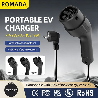 Portable 3.5KW 16A EV Charger with 3M-20M Cable Type2 IEC62196 EU Plug Wallbox Adapter Plug And Charge for Electric Vehicles