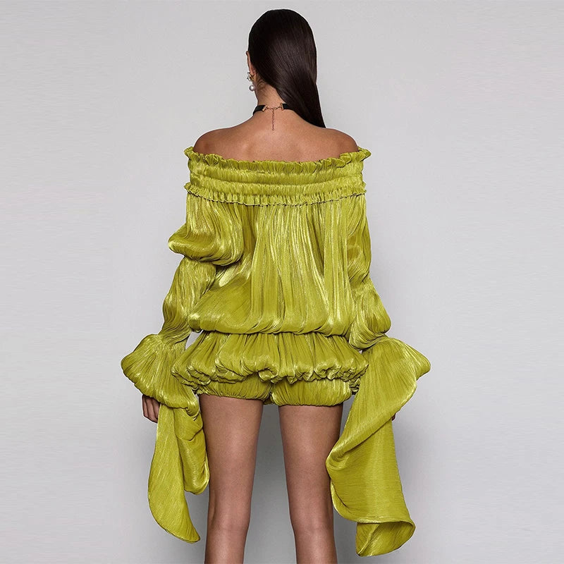 Fashion Off Shoulder Satin Ruffled Dress Set Elegant Puff Long Sleeve Irregular Hem Mini Skirt 2026 NEW Summer Lady Vestidos