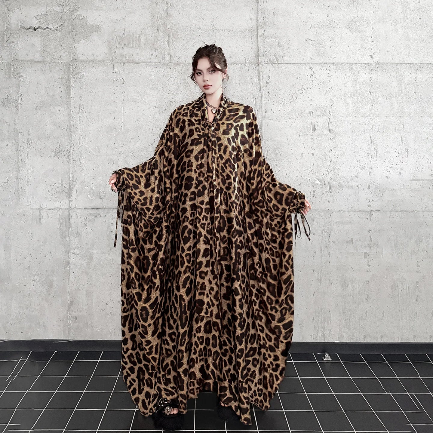 Leopard Print Loose Bat-sleeve Dress Women Summer Stand-up Collar Tie-waist Oversize Slimming Casual Long Dress XY420