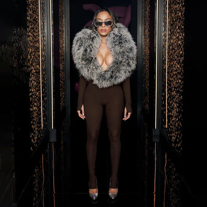 FLARORA Luxury Faux Fur Furry Patchwork Jumpsuits Woman Deep V-Neck Long Sleeve Slim One Piece Rompers Midnight Party Clubwear