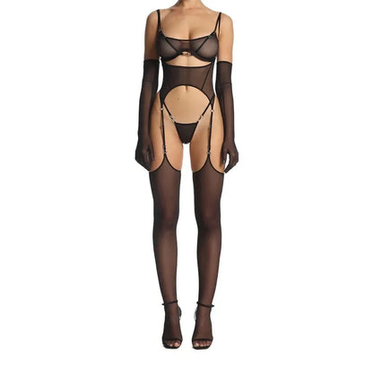 Solid Women's Lingerie Sets Seductive See Through Bra Belt Thong 3PC with glovs stockings Sissy Sexy Women's Underwear
