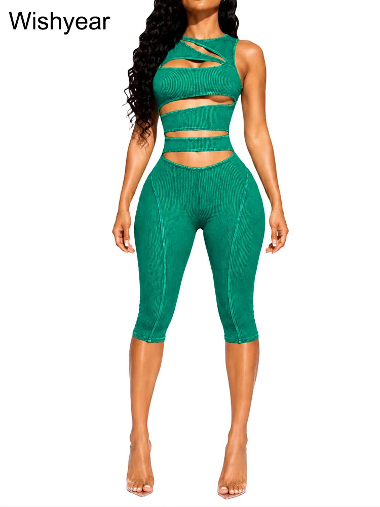 Women Ribbed Sleeveless Cutout One Pieces Jumpsuit Crisscross Hollow High Waist Capri Skinny Pant Rompers Summer Nightclub Party