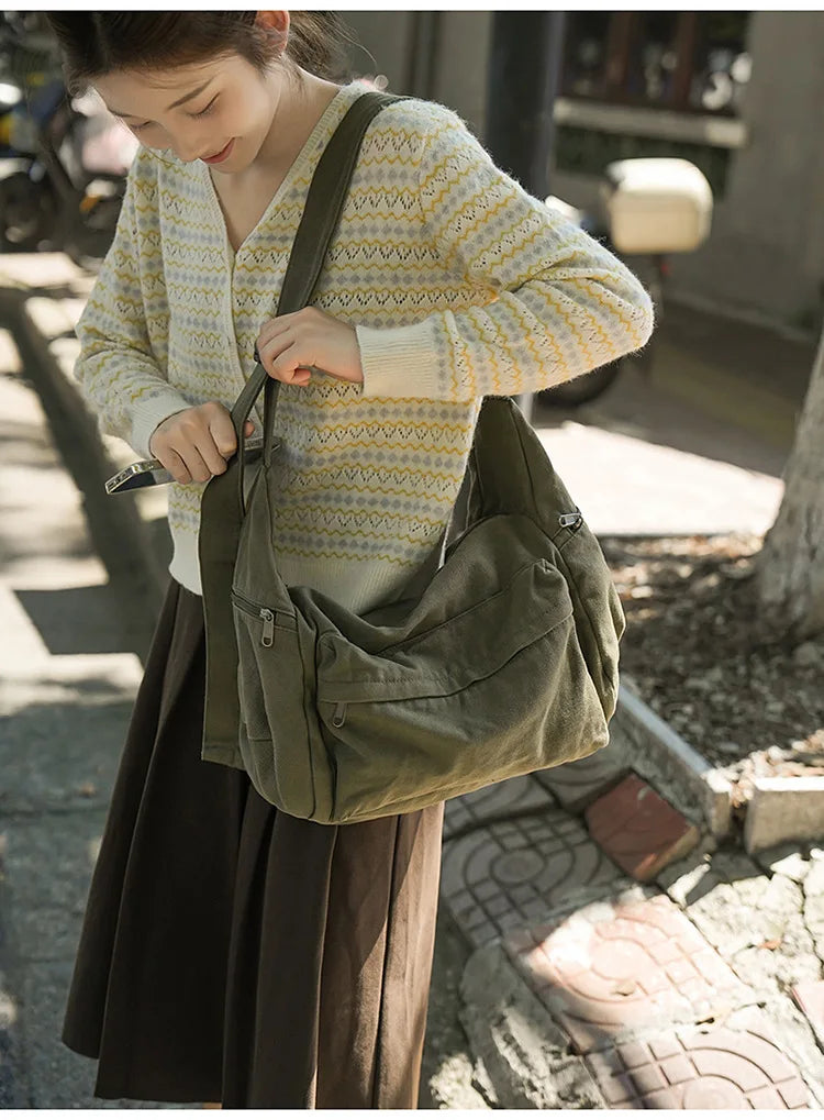 100% Cotton Shoulder Bags Women Large Capacity Canvas Tooling Packages Korea Style Cloth Crossbody Bags Solid Messenger Bags