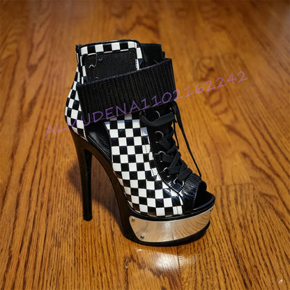 Women Open Toe Ankle Boots Platform Stiletto High Heels Lace Up Checkerboard Pattern Chunky Sole Party Shoes Statement Footwear