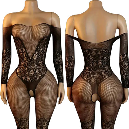 One Piece Pants Sexy Crotchless Bodysuits For Women Erotic Outfits Mesh Hollow Jumpsuits High Waist Elastic Bodystocking Rompers