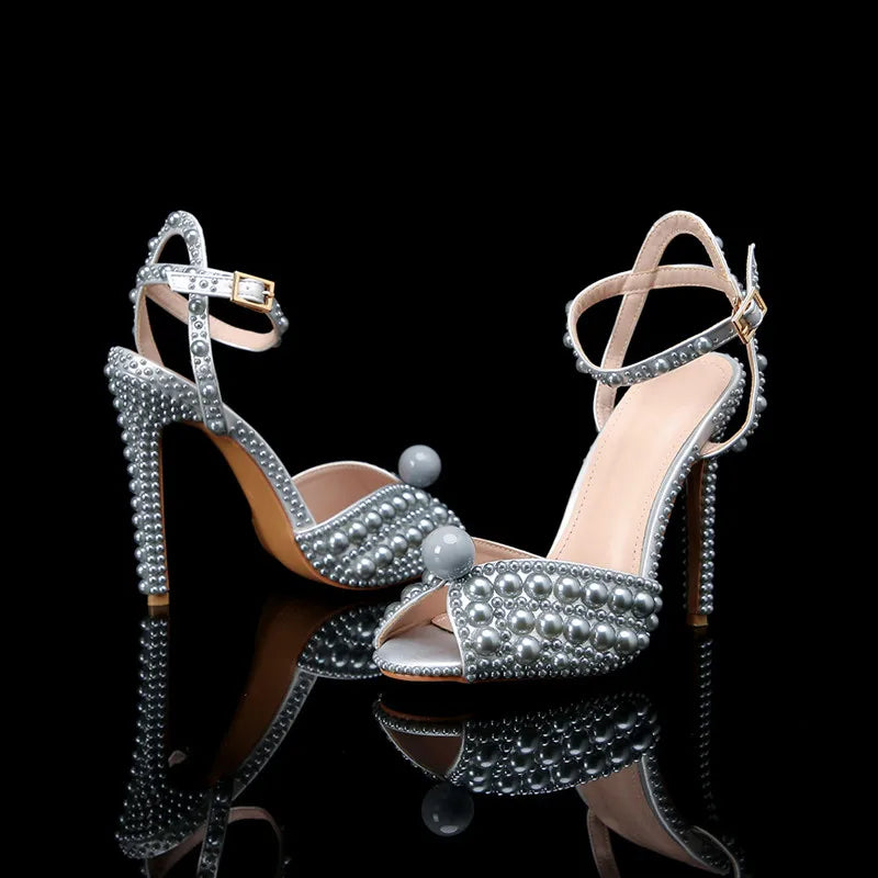 Luxury Handmade Pearl Peep Toe Women Sandals Fashion Summer Wedding Princess Thin High heels Elegant Party Prom Bridal Shoes