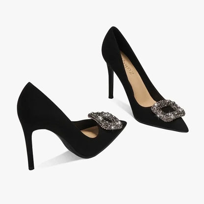 2025 Women's Summer New Luxury Crystal Square Buckle Design Sexy Pointed Stilettos Elegant Banquet Dress Party Shoes Plus Size