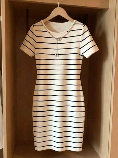 Spring Summer Elegant Casual Sexy Striped Print round Neck Short Sleeve Wrap around Skirt Dress for Women