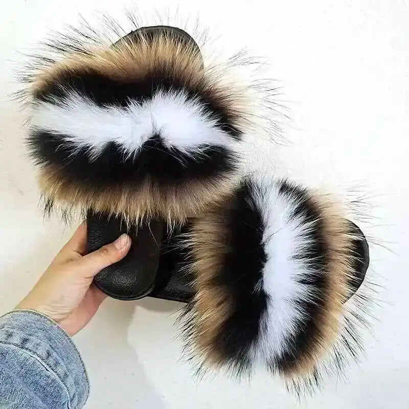 Real Raccoon Fur Slippers For Women 2026 Summer Fluffy Indoor House Fuzzy Flat Slides Outdoor Fashion Beach Sandals Flip Flops