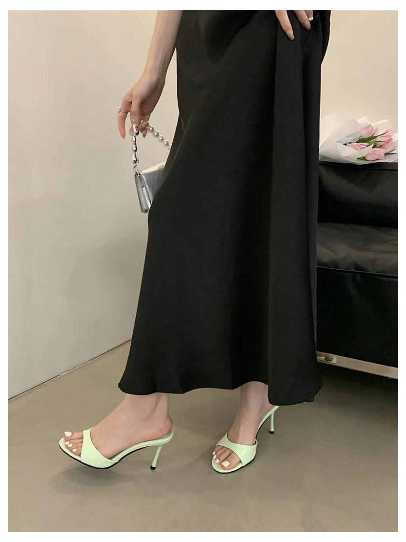 Women Slippers Sandals Fashion Round Open Toe Thin High Heels Mule Slides Summer Party Dress Pumps Shoe Comfortable Sandal Mujer