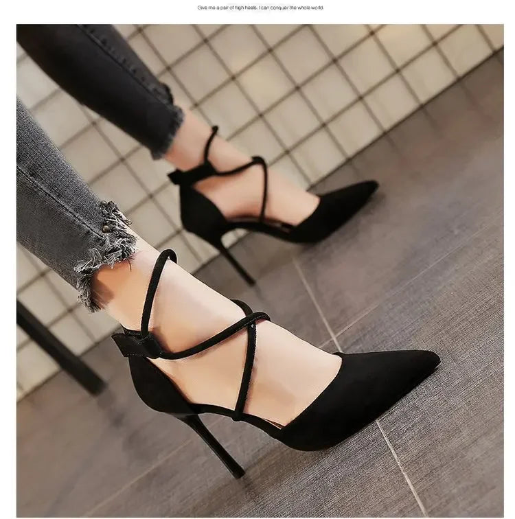 New Cross-strap Roman Sandals Suede High Heels Women's Shoes One-line Buckle Fine Heel Pointed Sandals Zaptos Mujer
