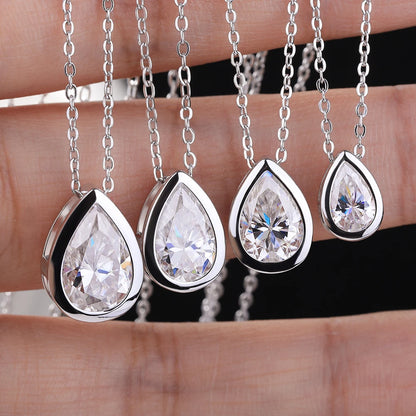 FEOBUR 1-4CT Bezel Pear Cut Moissanite Necklaces for Women Real S925 Silver WaterDrop Diamond Pendant Neckchain Jewelry Gifts