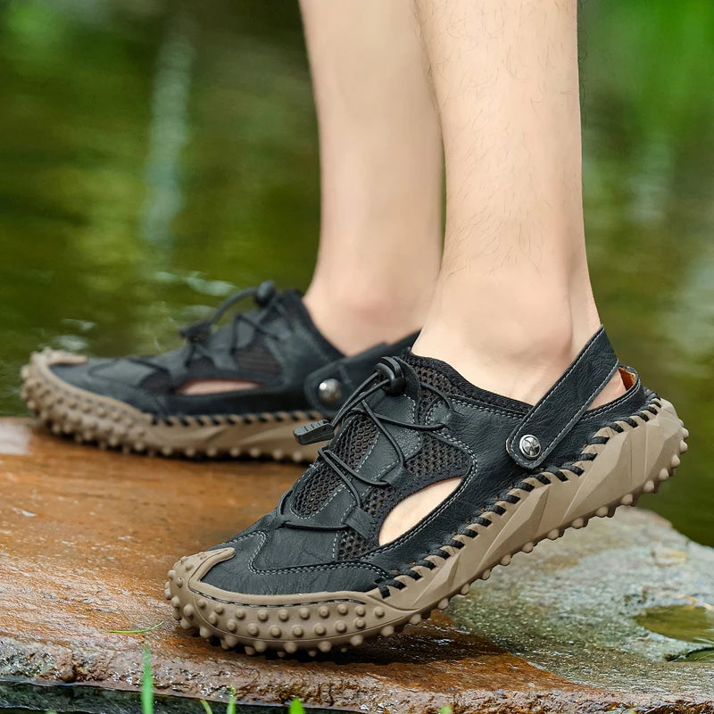 Mens Sandals Summer Outdoor Casual Mesh Hollow Walk Fishing Wading Shoes Lightweight Non Slip Hand Sewn Beach Slippers Man