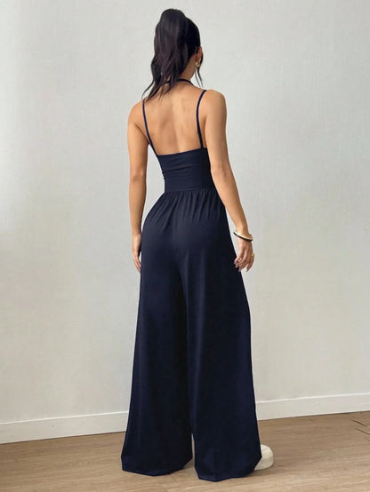 Women Halter Spaghetti Strap Jumpsuits Summer Casual Elastic High Waist Backless Wide Leg Long Pants Romper Club Party Overalls