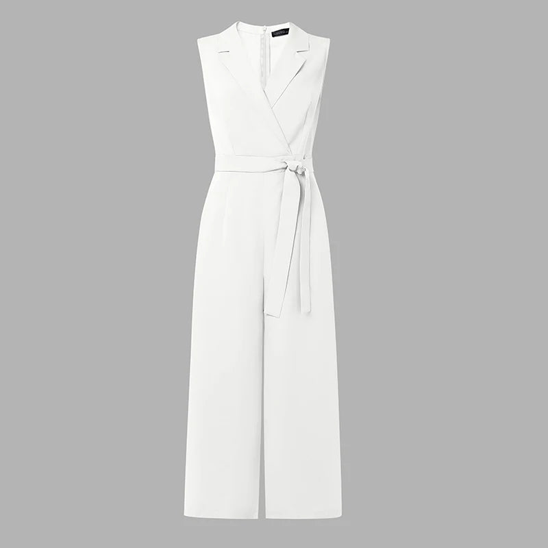 Fashion Women Jumpsuits ZANZEA 2026 Summer Rompers Lapel Neck Sleeveless Playsuit Elegant OL Work Wide Leg Overalls Trousers