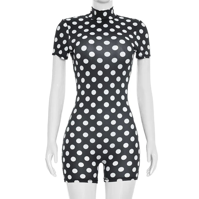 FAGADOER Retro Big Polka Dot Bodycon Rompers Women Short-sleeve Back Hollow Out Ruched Jumpsuits Streetwear Party Club Playsuits