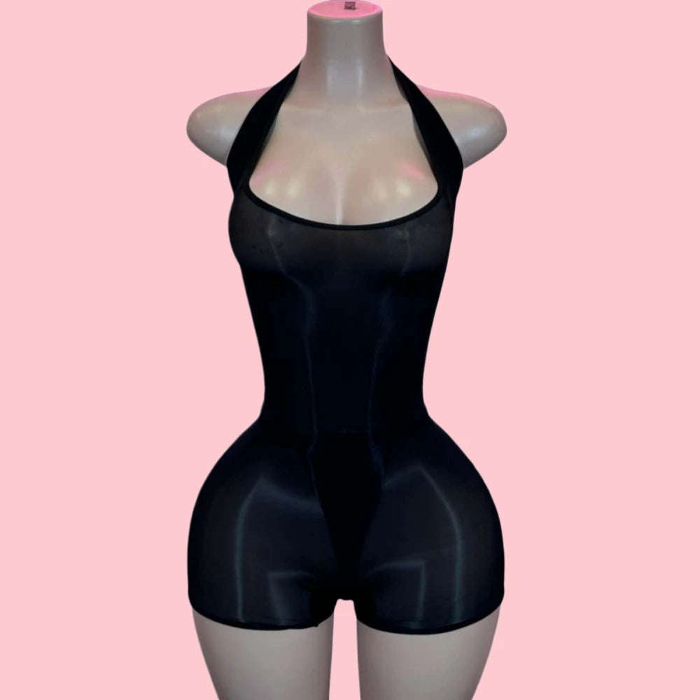 HLJ&GG Sexy Mesh See Though Halter Bodycon One Piece Rompers Women Sleeveless Backless Slim Jumpsuits Fashion Stretchy Overalls
