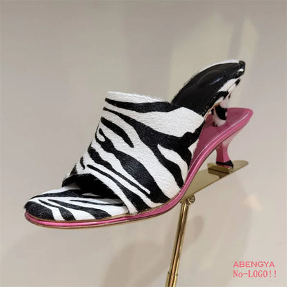 2025 Summer Leather High Heel Slippers Women Sandals Kitten Double Heels Mules Slides Designer Party Dress Shoes For Women