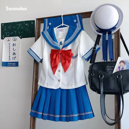 Summer and Autumn Sailor Suit Japanese Style Schoolgirl Blue Short-Sleeved Set Cos Female Students