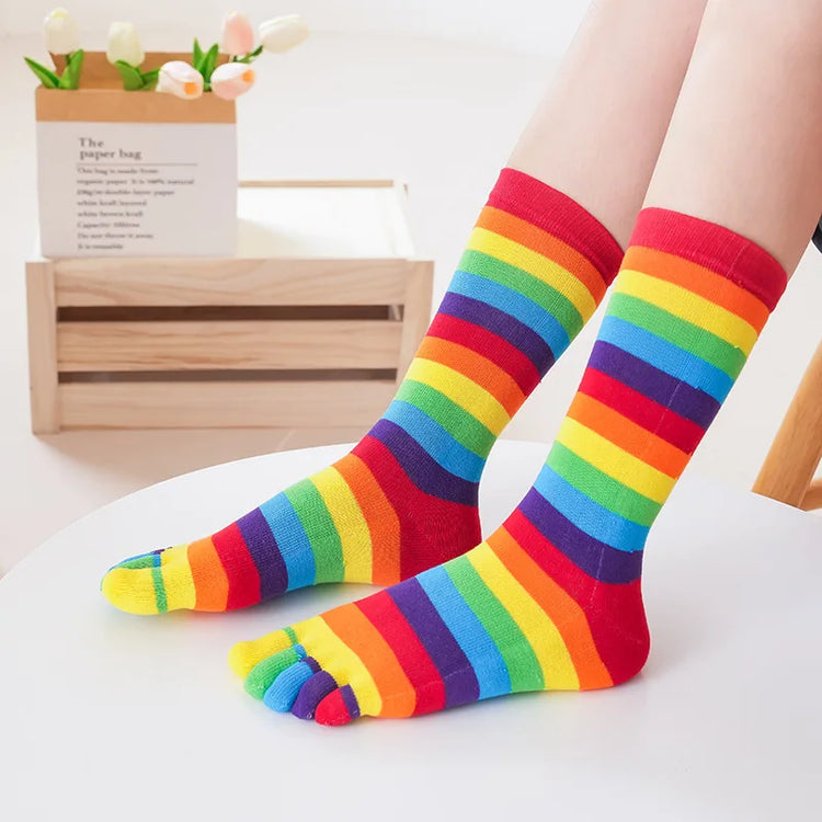 Split Toe Rainbow Socks Woman Lady Girls Colorful Striped 5 Finger Socks Cotton Bright Color Young Fashion Happy Socks with Toes