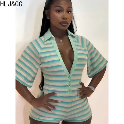 HLJ&GG Green Sexy Deep V Stripe Ribber Bodycon One Piece Rompers Women Short Sleeve Slim Jumpsuits Fashion Party Club Overalls