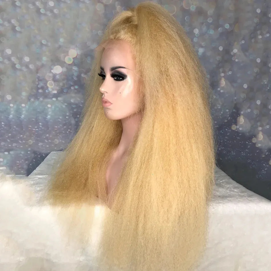 Transparent Lace 613 Blonde Kinky Yaki Straight Lace Front Wig For Women Glueless Pre Plucked Cosplay Daily Wear Fiber