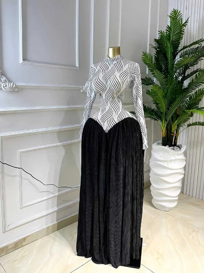 Female Clothing Spring Elegant and Chic Dress Patchwork Transparent Mesh Long Sleeve Pleated Maxi Dress High Waist
