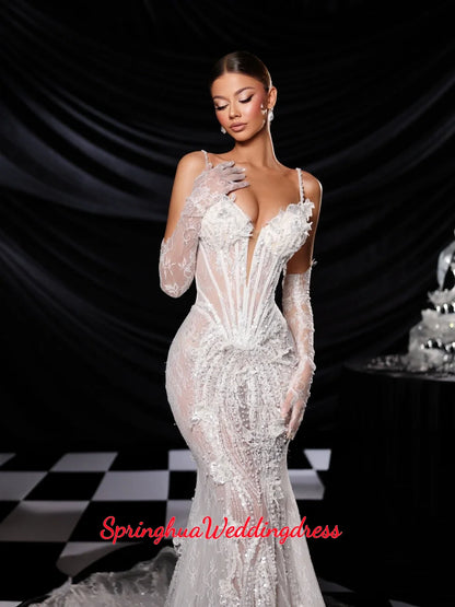 Customized Elegant Illusion Pearls Lace Mermaid Long Wedding Dress Without Gloves Spaghetti Straps Bridal Gown Dresses For Bride