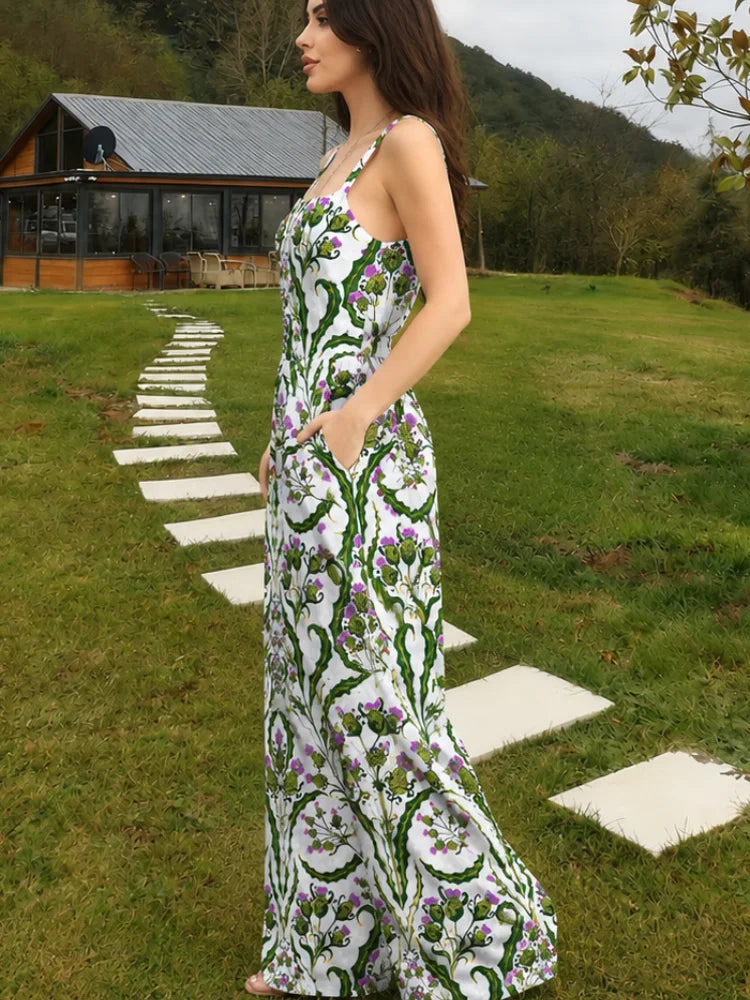 2026 New Style Fashion Women's Printed One-Piece Pants with Bohemian Square Collar, Loose Wide Leg, Elastic Waist, Green Thistle Print in Light Color, US Size, US Warehouse, Fast Shipping, Elegant Spring-Summer Outdoor Vacati