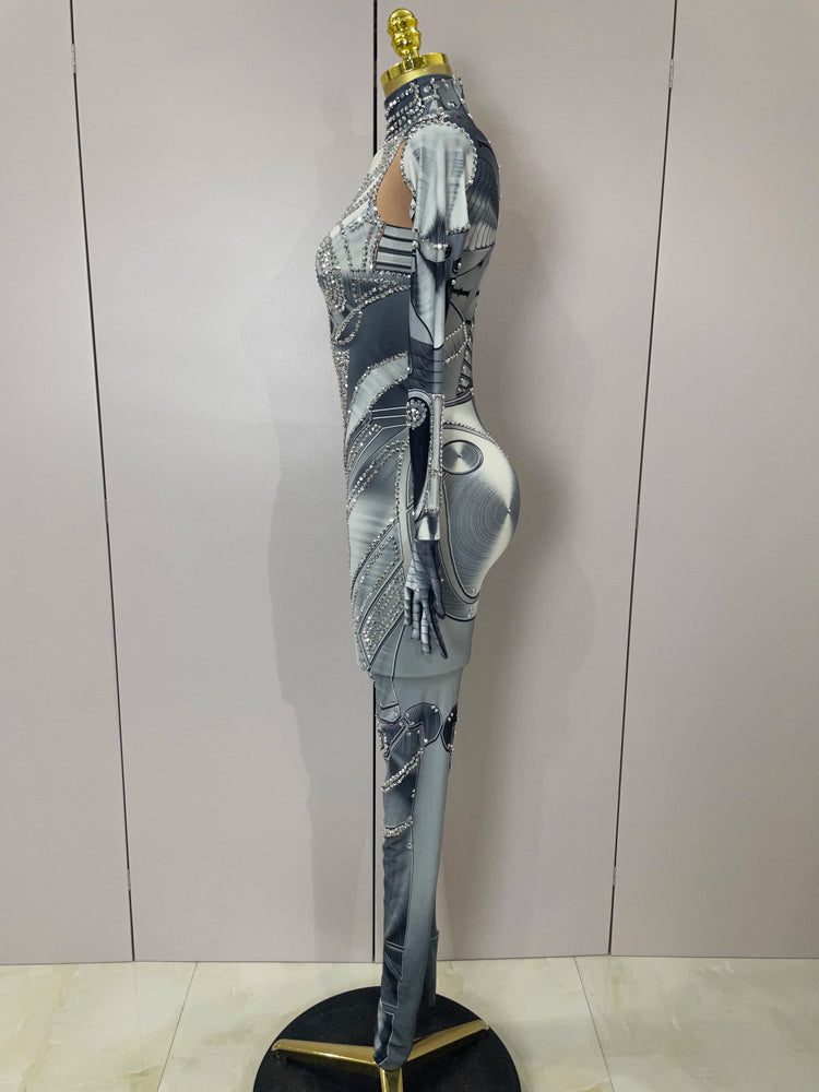 2025 New Trendy Women Sexy Rhinestones Printed Skinny Jumpsuit High Street Performance Dance Costume Bar Club Show Stage Wear